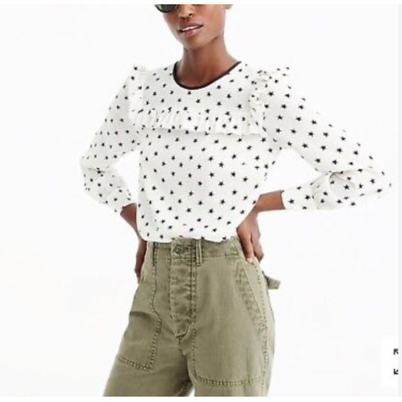 J Crew Blouse Womens 0 White Black Silk Blend Ruffle Star Print Keyhole Back Top - Picture 13 of 14